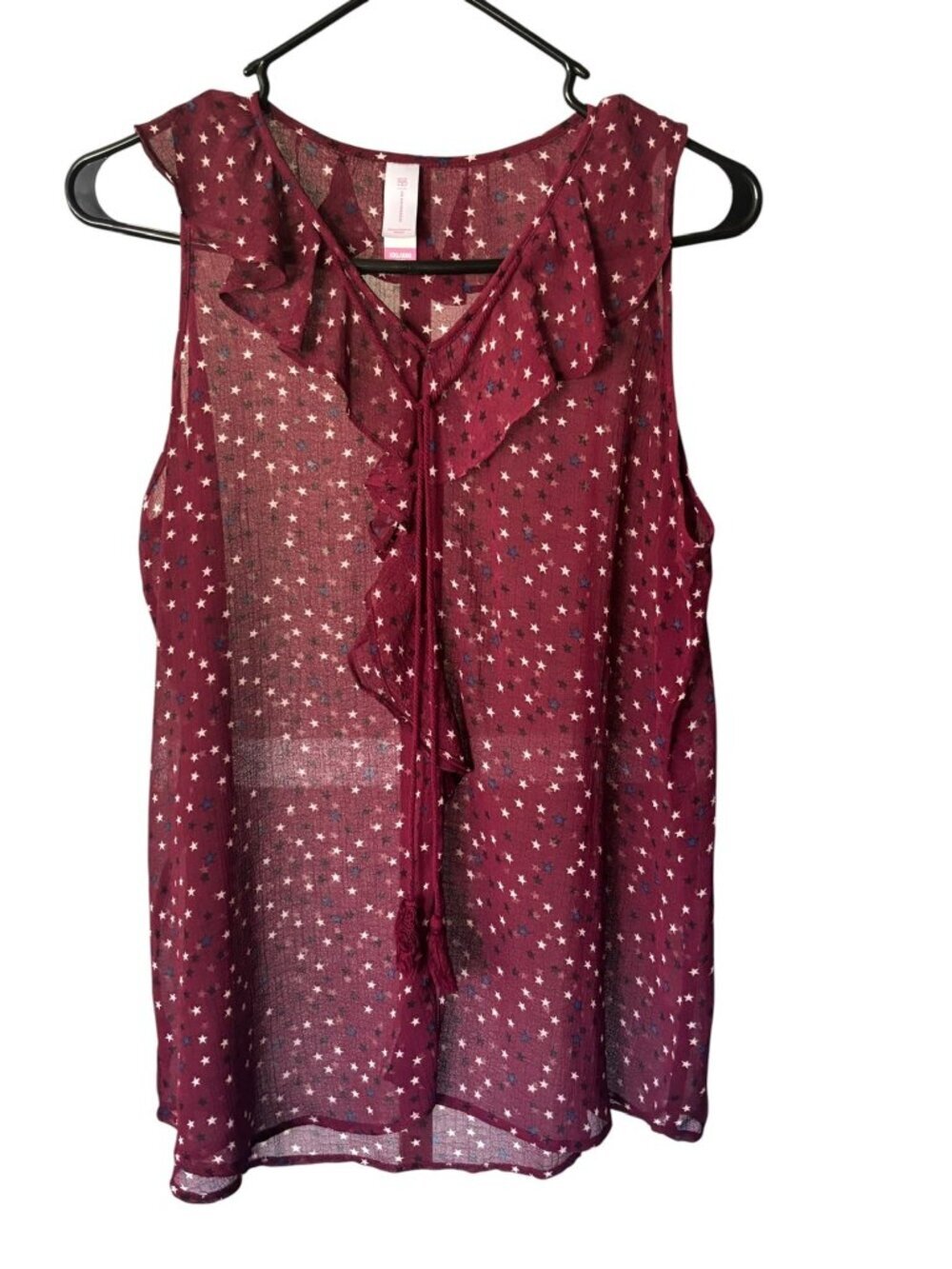 No Boundaries Women’s Burgundy Multicolored Star Pattern Sheer Top - Picture 2 of 6